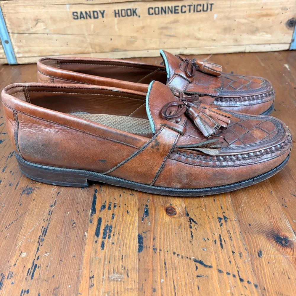 Vintage Brown Leather Woven Kiltie Tassel‎ Loafer Mens 9M Slip On Cognac Brown